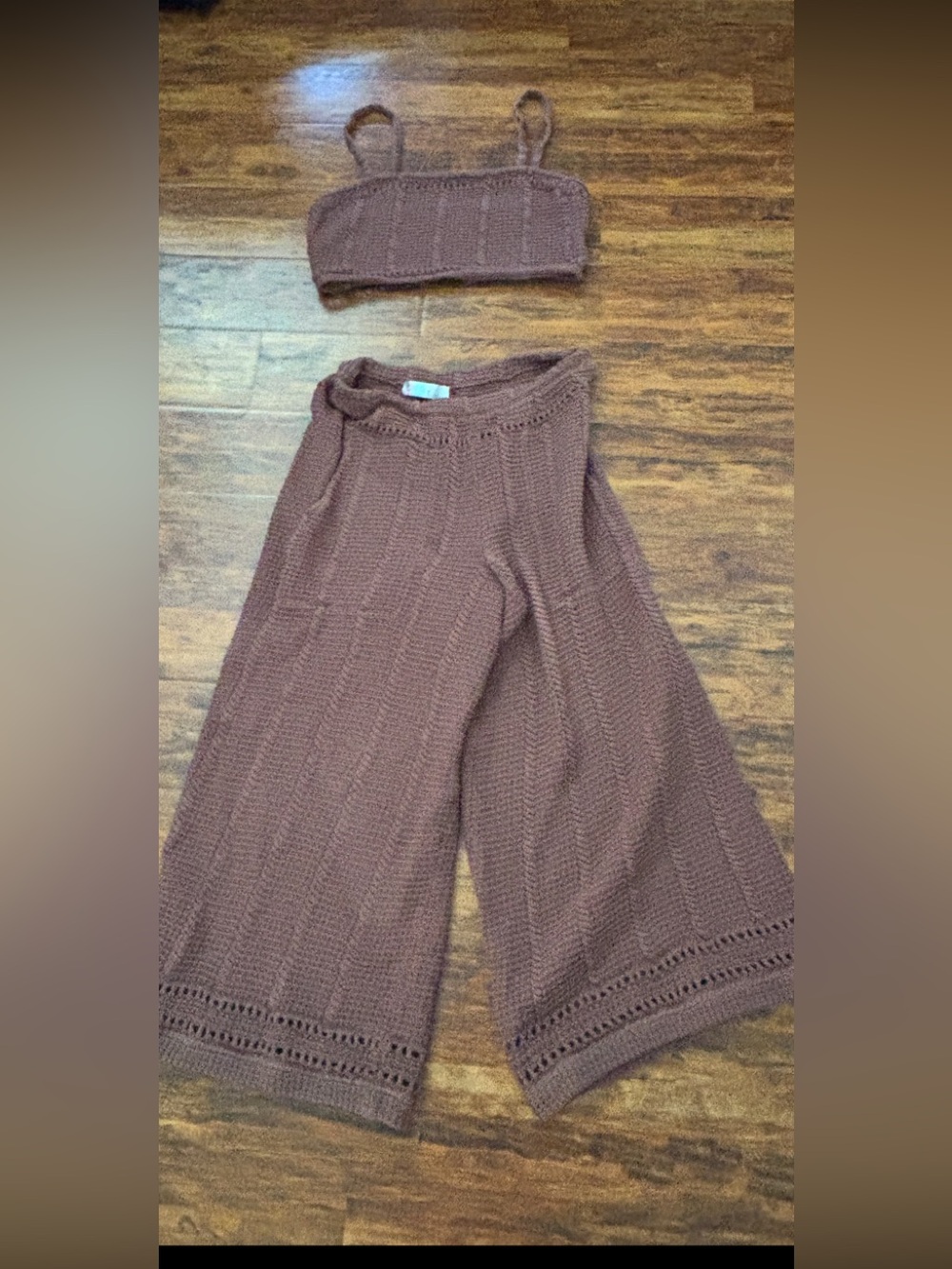 FP BEACH CROCHET knit Wide-Leg Pants and Crop Top Set - Brown